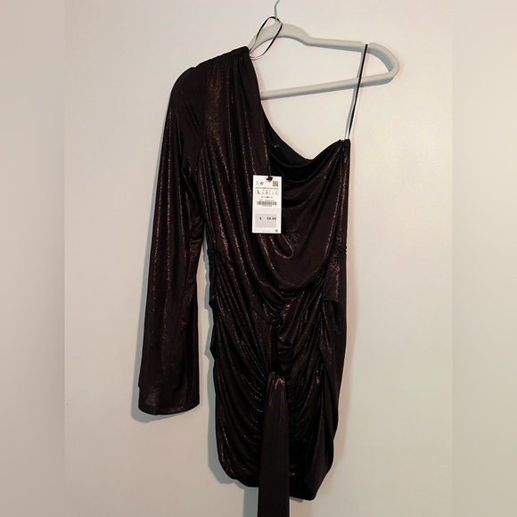 Zara Dresses Zara Asymetrical Shiny Bronze Dress Size Large Nwt